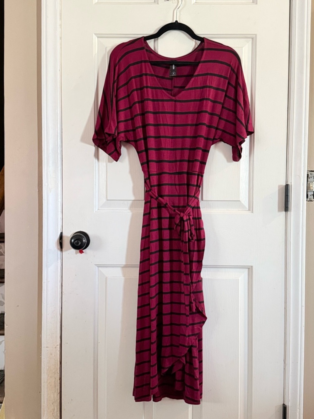 Agnes & Dora Women's Burgundy and Black Striped Tie-Waist Wrap Dress